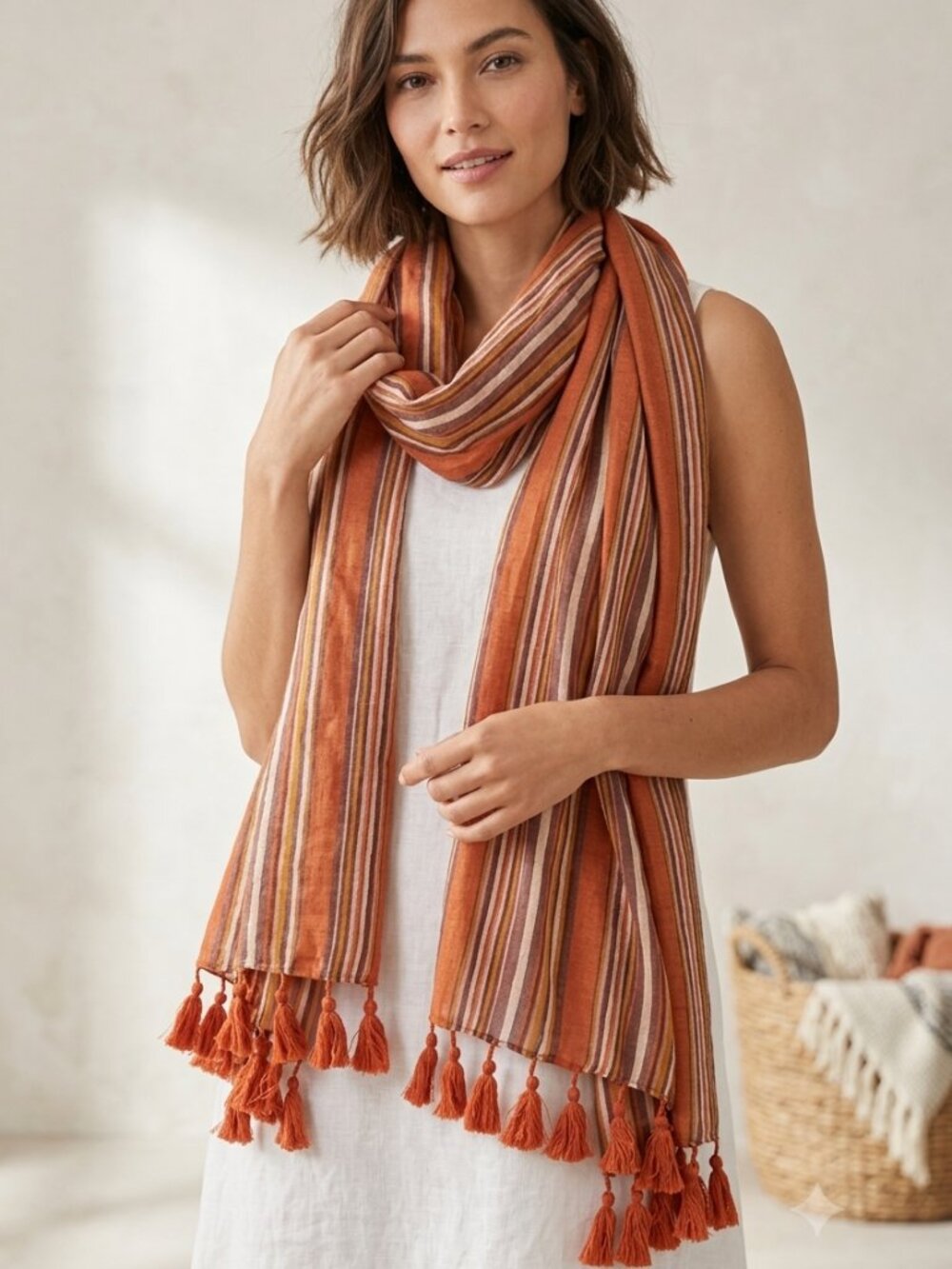 Garnet Hill NWT Women's Burnt Orange Stripe Terra Linen Gauze Tassel Scarf